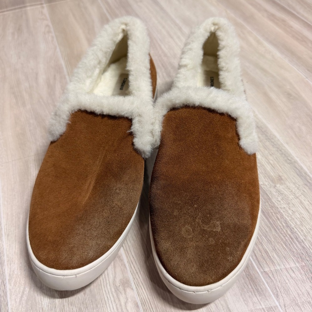 Birdies Roadrunner Cognac Brown Suede Faux Shearling Slip On Sneakers Womens 7